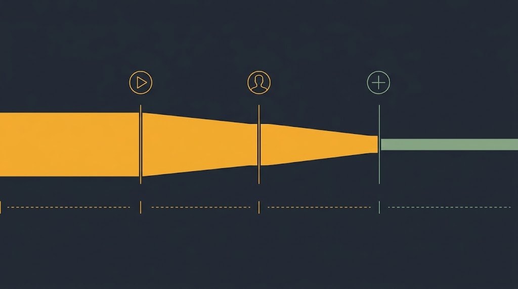 Esquema de las tres puertas de un pico de viralidad: de la visualización a la visita al perfil y al seguidor nuevo